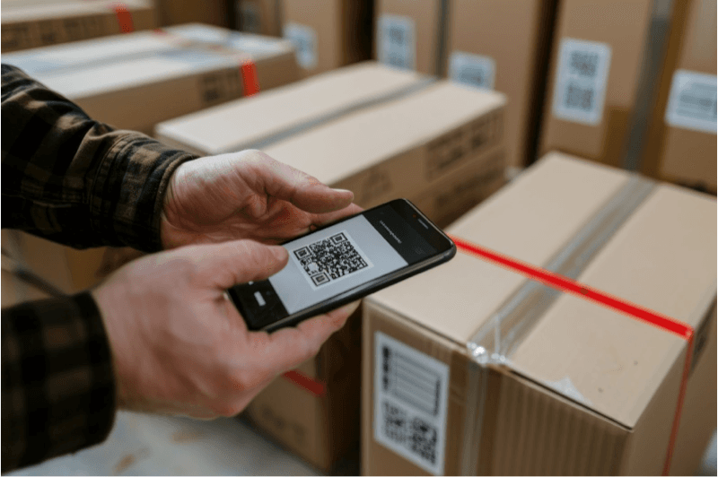 A person uses a smartphone to scan a QR code on a cardboard box in a warehouse, aiding in inventory management and asset tracking.