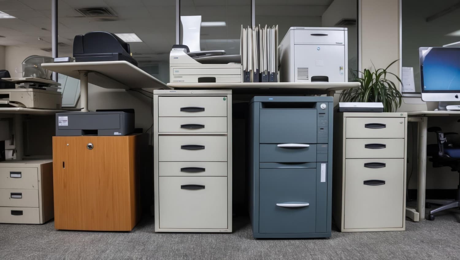 Organized shelves of stationery supplies with labels indicating stock levels.